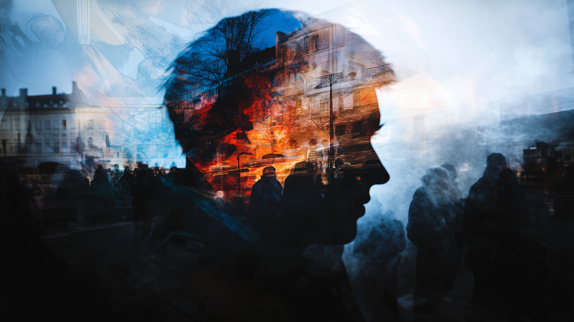 The man's profile merges with the cityscape and shadowy figures in a double exposure – the image symbolizes the blending of memories, places and mysteries.